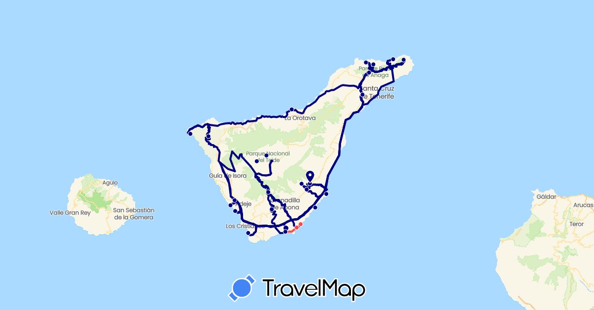 TravelMap itinerary: driving, bus, hiking in Spain (Europe)